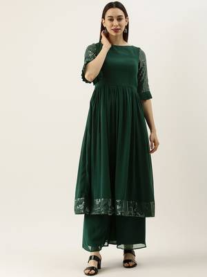 Green Sequin Embroidered N Green Georgette Kurta Set 1