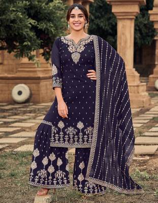 Navy-blue embroidered faux georgette salwar 1