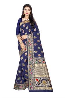 Blue Woven Silk Blend Saree With Blouse