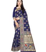 Blue Woven Silk Blend Saree With Blouse