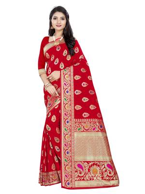 Red woven pure silk saree with blouse 1