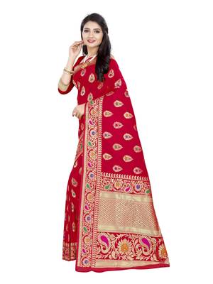 Red woven pure silk saree with blouse 2