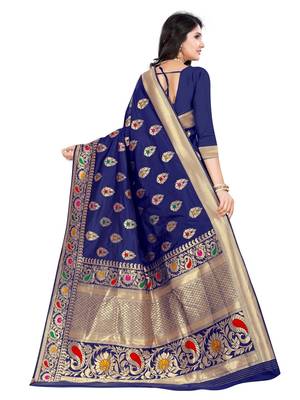Blue Woven silk blend Saree With Blouse 3
