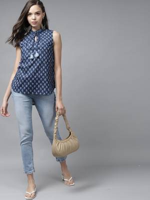 Indo Era Blue Floral Printed Straight Kurti 4