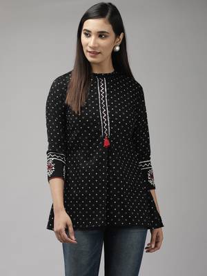 Indo Era Black Floral Printed Straight Kurtis 1