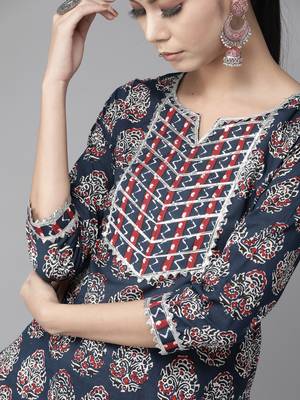Indo Era Blue Printed Straight Kurtas 1