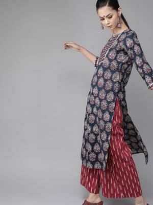 Indo Era Blue Printed Straight Kurtas 3