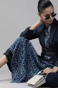 Indo Era Blue Printed Straight Kurtas