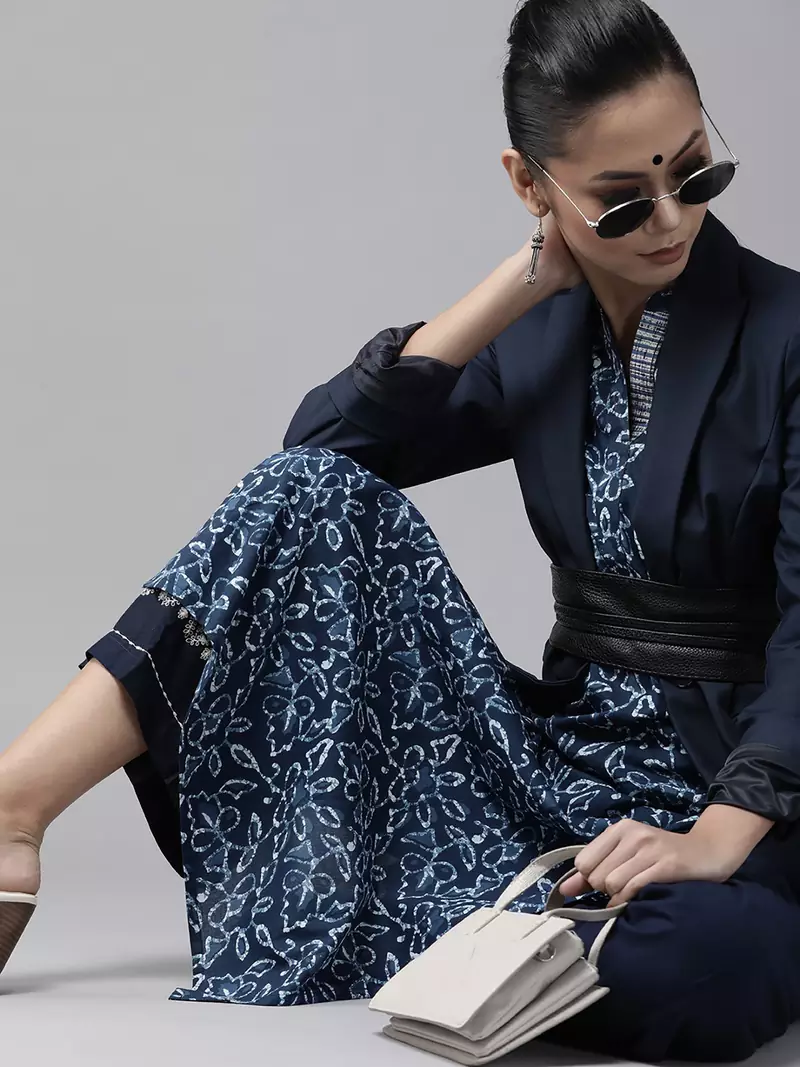 Indo Era Blue Printed Straight Kurtas
