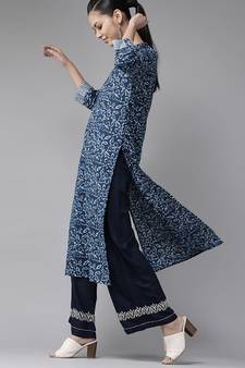 Indo Era Blue Printed Straight Kurtas
