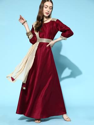 Indo Era Wine Solid Anarkali With Dupatta and Belt Set 1