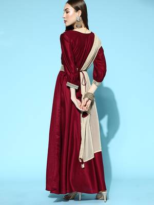 Indo Era Wine Solid Anarkali With Dupatta and Belt Set 2