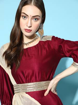 Indo Era Wine Solid Anarkali With Dupatta and Belt Set 4