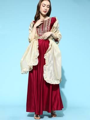 Indo Era Wine Embroidered Anarkali With Dupatta and Belt Set 1