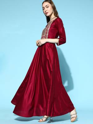 Indo Era Wine Embroidered Anarkali With Dupatta and Belt Set 3