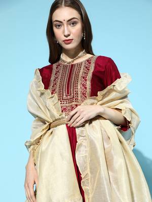 Indo Era Wine Embroidered Anarkali With Dupatta and Belt Set 4