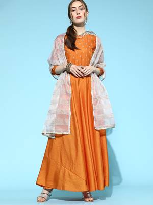 Indo Era Orange Embroidered Anarkali With Dupatta and Belt Set 1