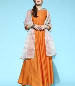 Indo Era Orange Embroidered Anarkali With Dupatta and Belt Set