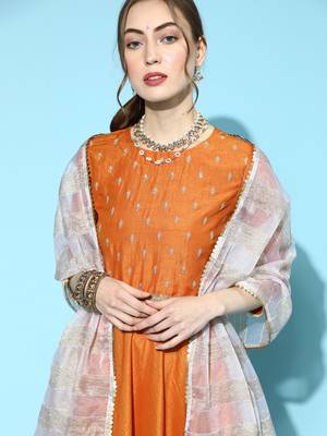 Indo Era Orange Embroidered Anarkali With Dupatta and Belt Set 4