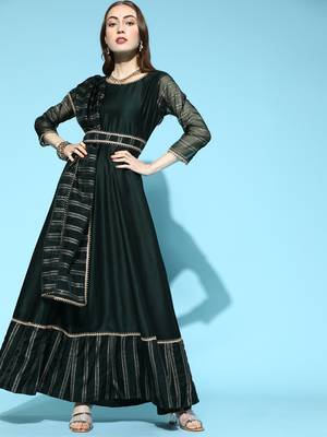 Indo Era Green Solid Anarkali With Dupatta and Belt Set 1
