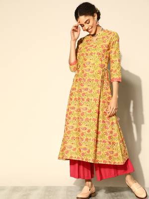Indo Era Yellow Floral Printed A-line Kurta 1