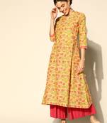 Indo Era Yellow Floral Printed A-line Kurta