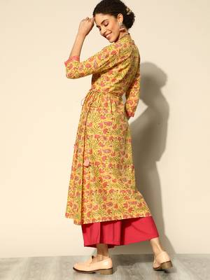 Indo Era Yellow Floral Printed A-line Kurta 2