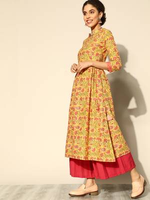 Indo Era Yellow Floral Printed A-line Kurta 3