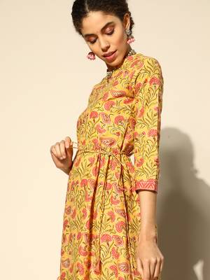 Indo Era Yellow Floral Printed A-line Kurta 4