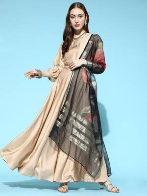 Indo Era Beige Solid Anarkali With Dupatta and Belt Set 1