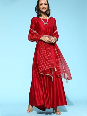 Indo Era Red Solid Anarkali With Dupatta and Belt Set 1