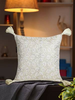 Mezposh Dazzle Lemon Yellow & White Floral Embroidered Faux Silk Cushion Cover (16x16) 1