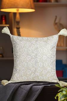 Mezposh Dazzle Lemon Yellow & White Floral Embroidered Faux Silk Cushion Cover (16x16)