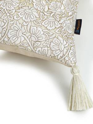 Mezposh Dazzle Lemon Yellow & White Floral Embroidered Faux Silk Cushion Cover (16x16) 5