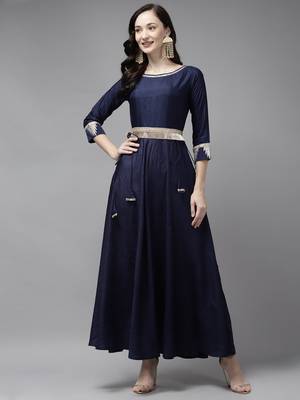 Indo Era Blue Printed A-line Kaftan 1