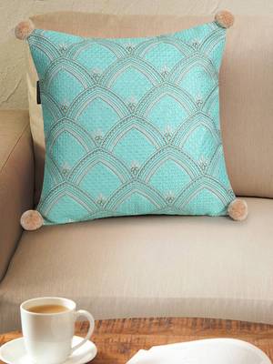 Mezposh Tribal Sea Green & Coral Ethnic Motifs Embroidered Faux Silk Cushion Cover (16x16) 1