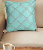 Mezposh Tribal Sea Green & Coral Ethnic Motifs Embroidered Faux Silk Cushion Cover (16x16)