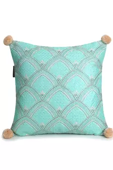 Mezposh Tribal Sea Green & Coral Ethnic Motifs Embroidered Faux Silk Cushion Cover (16x16)