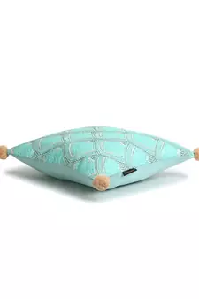 Mezposh Tribal Sea Green & Coral Ethnic Motifs Embroidered Faux Silk Cushion Cover (16x16)