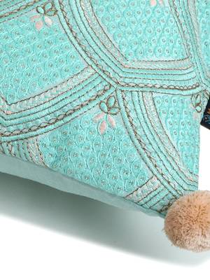 Mezposh Tribal Sea Green & Coral Ethnic Motifs Embroidered Faux Silk Cushion Cover (16x16) 5