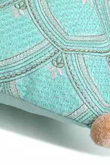 Mezposh Tribal Sea Green & Coral Ethnic Motifs Embroidered Faux Silk Cushion Cover (16x16)