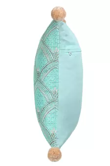Mezposh Tribal Sea Green & Coral Ethnic Motifs Embroidered Faux Silk Cushion Cover (16x16)
