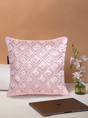 Mezposh Dazzle Baby Pink Geometric Embellished Satin Cushion Cover (14x14) 1