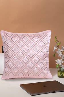 Mezposh Dazzle Baby Pink Geometric Embellished Satin Cushion Cover (14x14)
