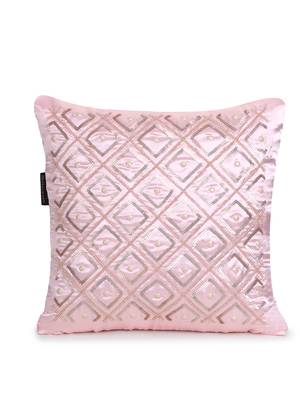 Mezposh Dazzle Baby Pink Geometric Embellished Satin Cushion Cover (14x14) 2