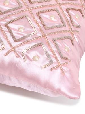 Mezposh Dazzle Baby Pink Geometric Embellished Satin Cushion Cover (14x14) 5