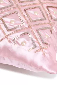 Mezposh Dazzle Baby Pink Geometric Embellished Satin Cushion Cover (14x14)