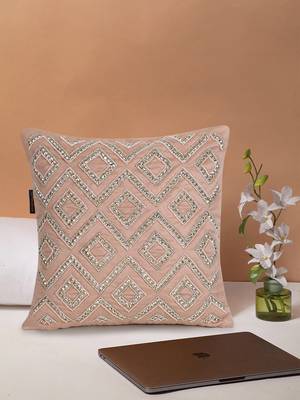 Mezposh Dazzle Dusky Pink & Dull Gold Chevron Embellished Suede Cushion Cover (16x16) 1