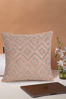 Mezposh Dazzle Dusky Pink & Dull Gold Chevron Embellished Suede Cushion Cover (16x16)