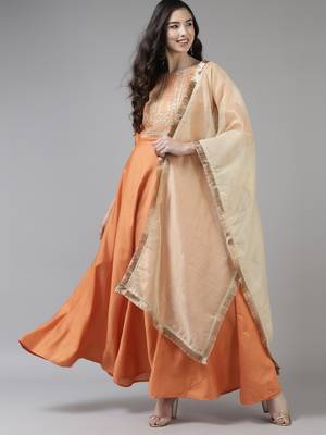 Indo Era Orange Embroidered A-line Kurta With Dupatta Set 1